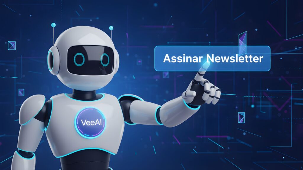 Robô de IA do VeeAI convidando para a newsletter, com elementos de tecnologia e produtividade.