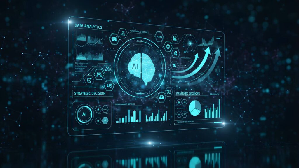 Gráficos e dashboards digitais com ícones de IA, simbolizando análise de dados e tomada de decisão estratégica.