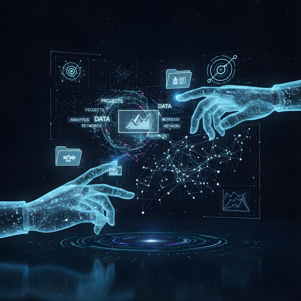 Mãos digitais organizando workflow IA produtividade, documentos e dados em uma interface de IA, simbolizando gestão do conhecimento e insights.