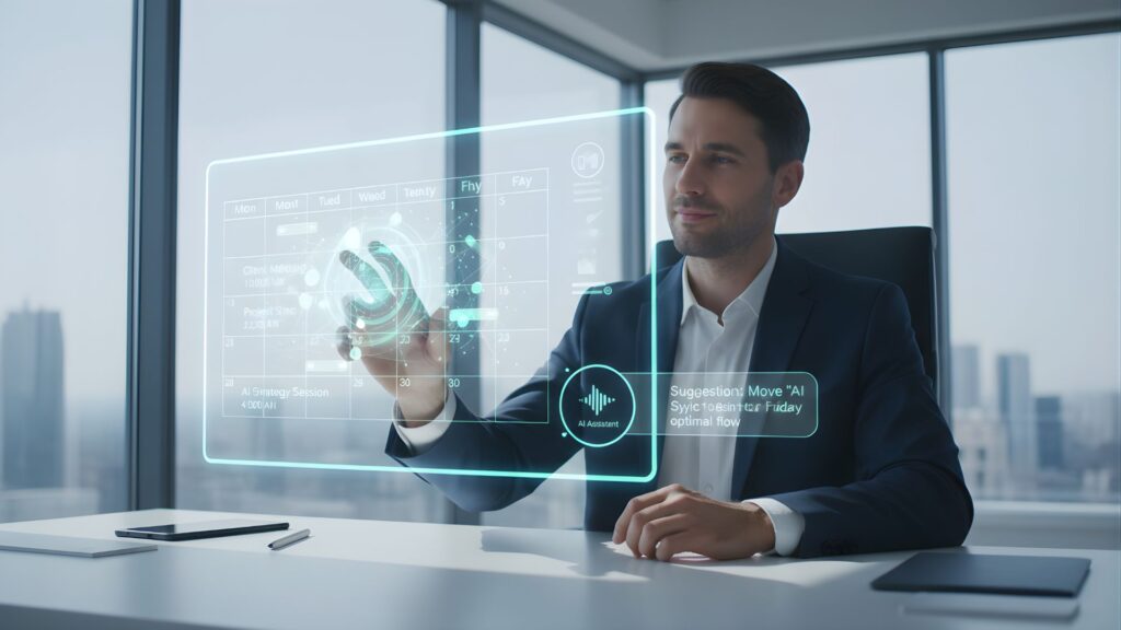 Homem de negócios utilizando uma interface de calendário  inteligente com IA para Gestão de Tempo