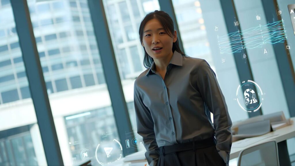 Pessoa trabalhando em um escritório moderno com ícones de IA ao redor, simbolizando a produtividade assistida por IA.