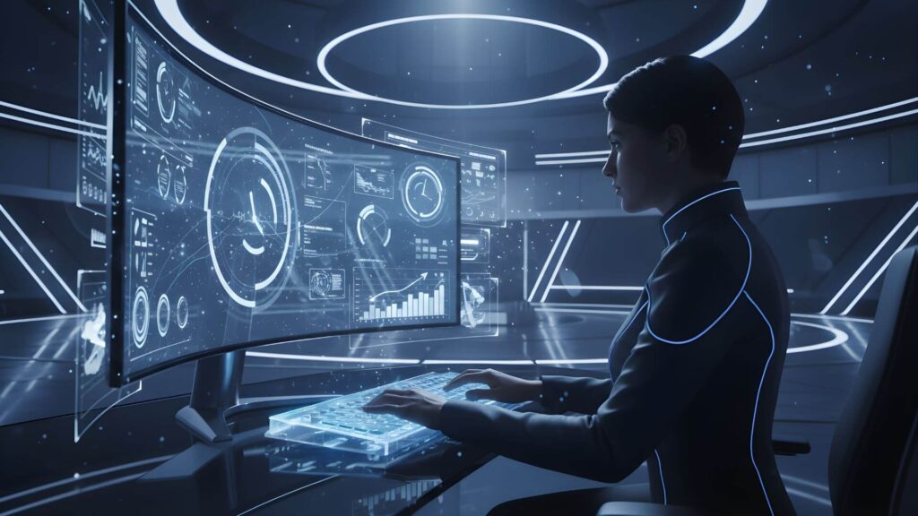 Pessoa utilizando IA para gestão de tempo e otimização de produtividade em escritório futurista.