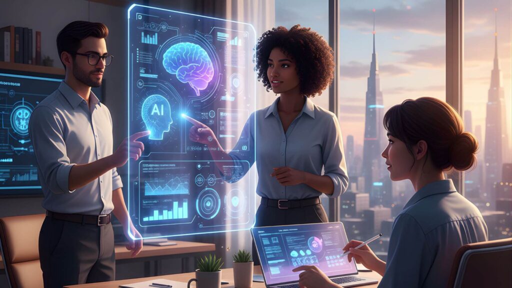 Equipe profissional diversa colaborando com ferramentas de Inteligência Artificial para aumentar a produtividade e inovação em ambiente de escritório moderno.